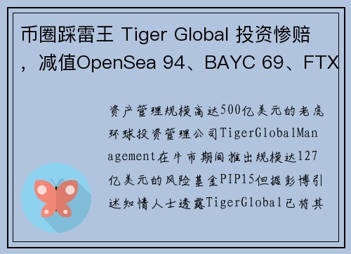 币圈踩雷王 Tiger Global 投资惨赔，减值OpenSea 94、BAYC 69、FTX